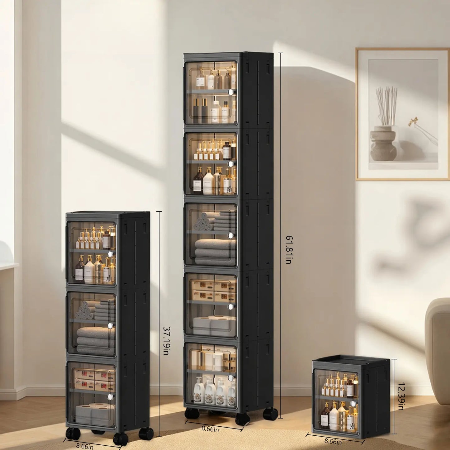 White Freestanding PP Plastic Pantry Storage Cabinet - 5-Tier Slim Narrow Unit with 360° Swivel Casters, Adjustable Shelves, Flat Fold, Lockable Modern Design, Furniture Storage for Kitchen Organizing, Bathroom