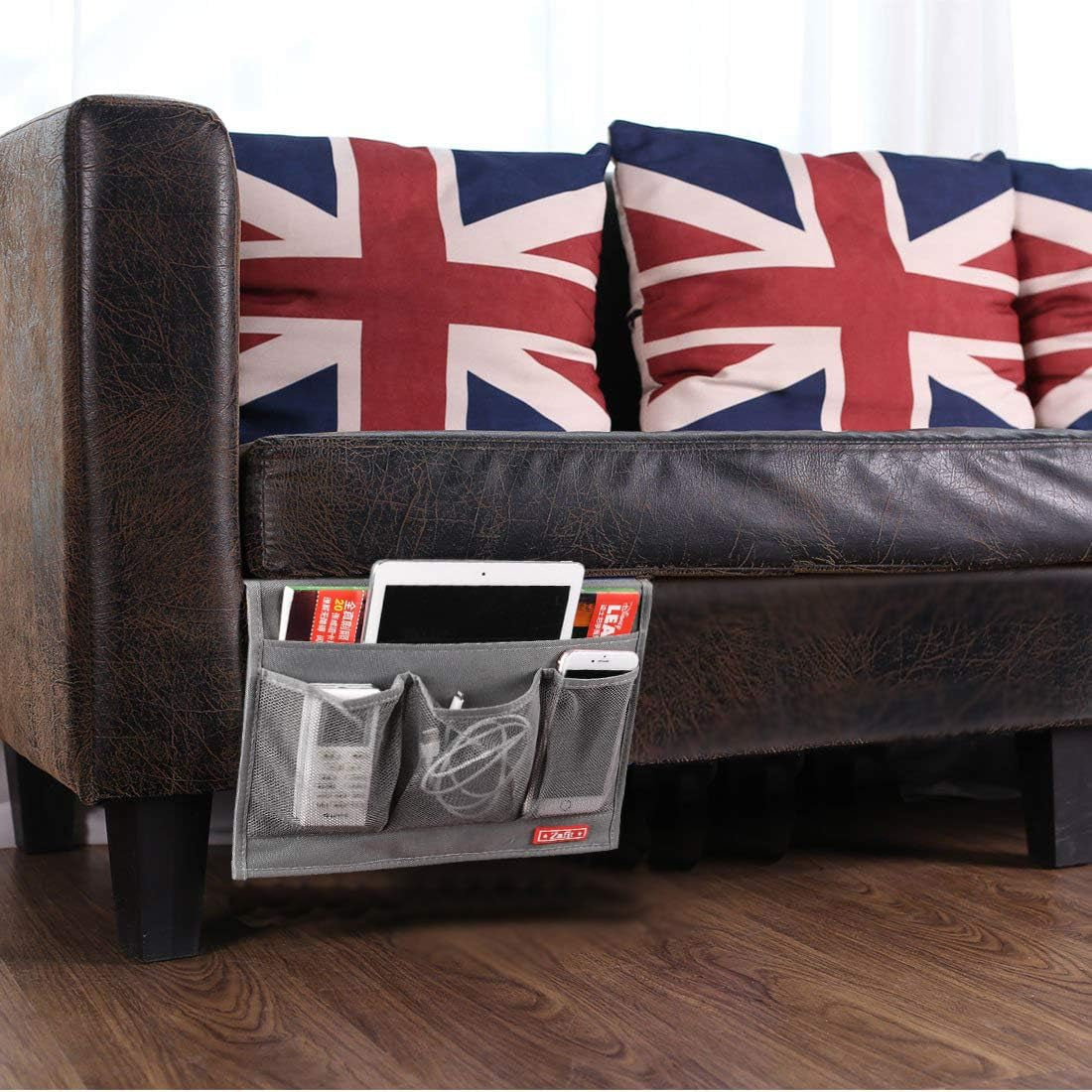 Bedside Storage Organizer with 4 Pockets - Classic Grey Table Cabinet for Remotes, Phones, and Glasses
