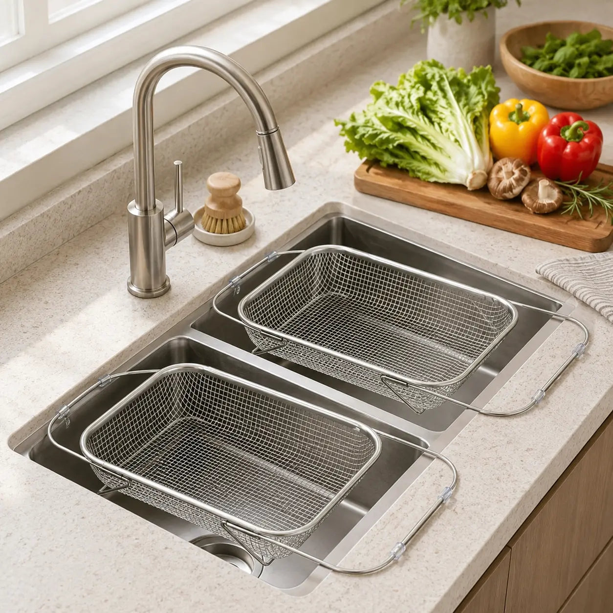 Stainless Steel Expandable Over-The-Sink Colander Strainer Basket with Handles - Rectangular Fine Mesh Kitchen Utensil, Essential Kitchen Supply