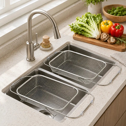 Stainless Steel Expandable Over-The-Sink Colander Strainer Basket with Handles - Rectangular Fine Mesh Kitchen Utensil, Essential Kitchen Supply