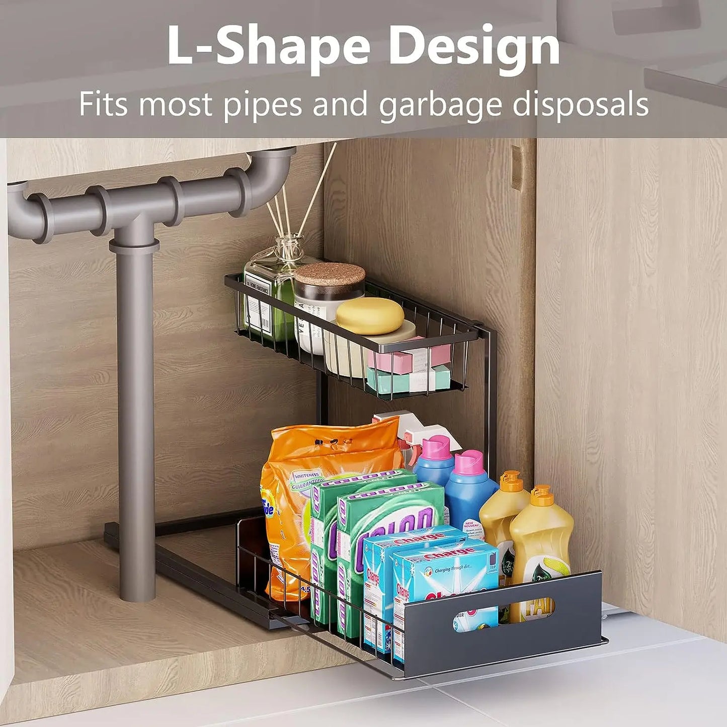 L-Shaped Pull-Out Under Sink Organizer - 2-Tier Sturdy Metal Storage Solution for Kitchen and Bathroom, Rustproof and Easy to Install, Ideal for Spices and Snacks, Black