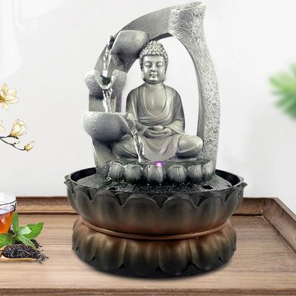 Indoor Water Fountain Water Feature LED Lights Tabletop Buddha Sculpture for Office Bedroom Home Decor