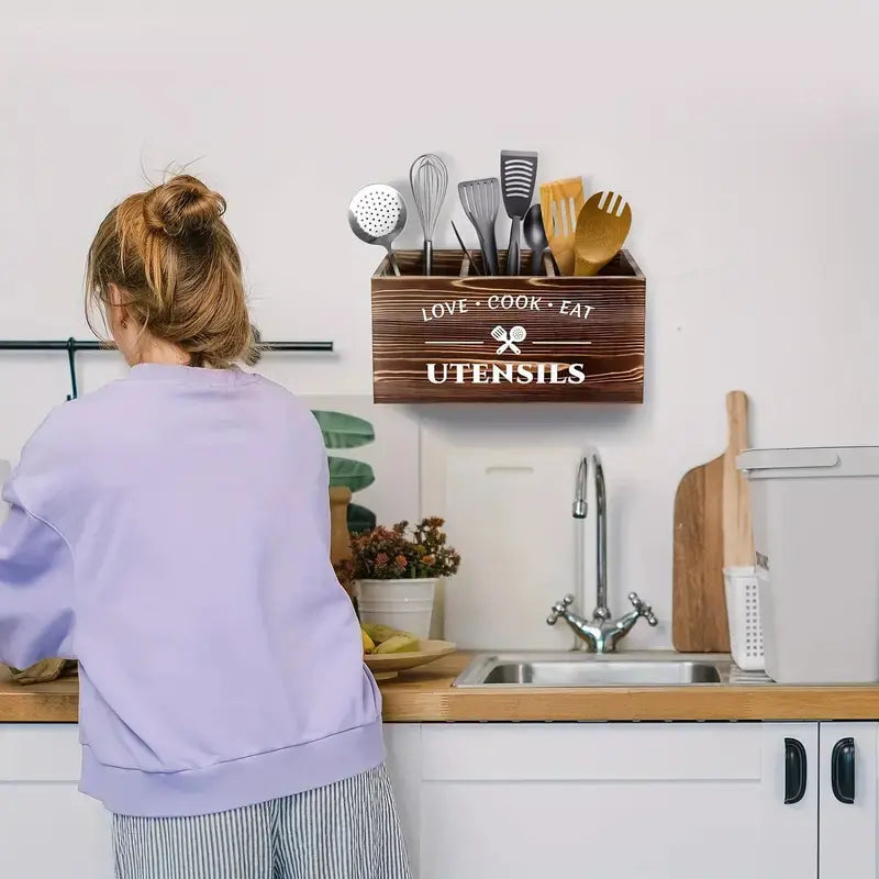 Rustic Brown Wooden Utensil Holder - 3-Compartment Kitchen Caddy for Cooking Tools and Accessories