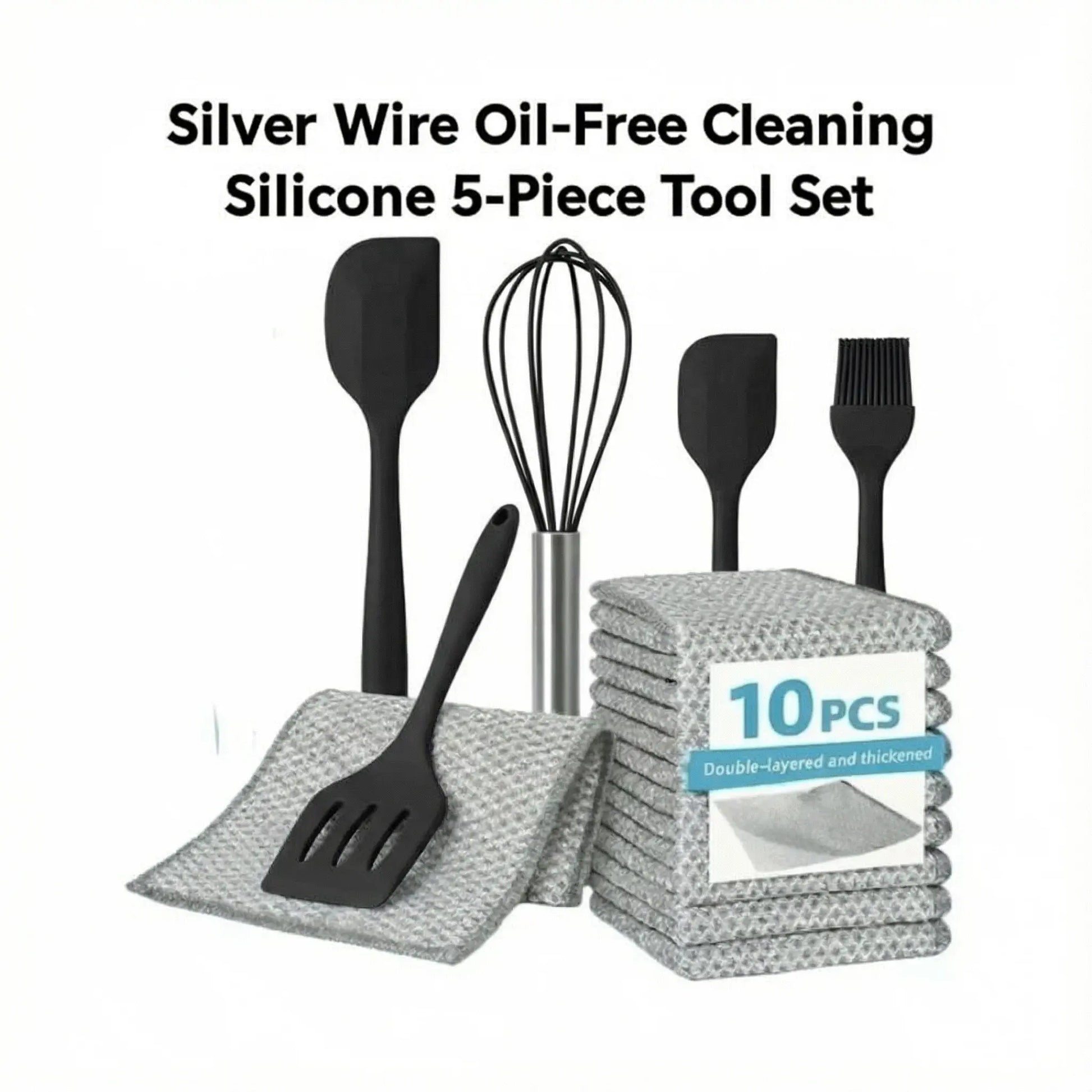 Food-Grade Silicone Kitchen Bakeware Combo Set (5Pcs) - Spatula, Leak-Proof Scraper, Whisk, Brush, Heat-Resistant Stirring Utensils for 4-Hole Pans, Kitchen Supplies + Free 10-Piece Metal Wire Dish Cloths (Dish-Safe, Detailed Size Chart Included)