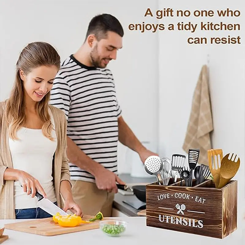 Rustic Brown Wooden Utensil Holder - 3-Compartment Kitchen Caddy for Cooking Tools and Accessories