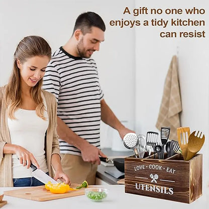 Rustic Brown Wooden Utensil Holder - 3-Compartment Kitchen Caddy for Cooking Tools and Accessories