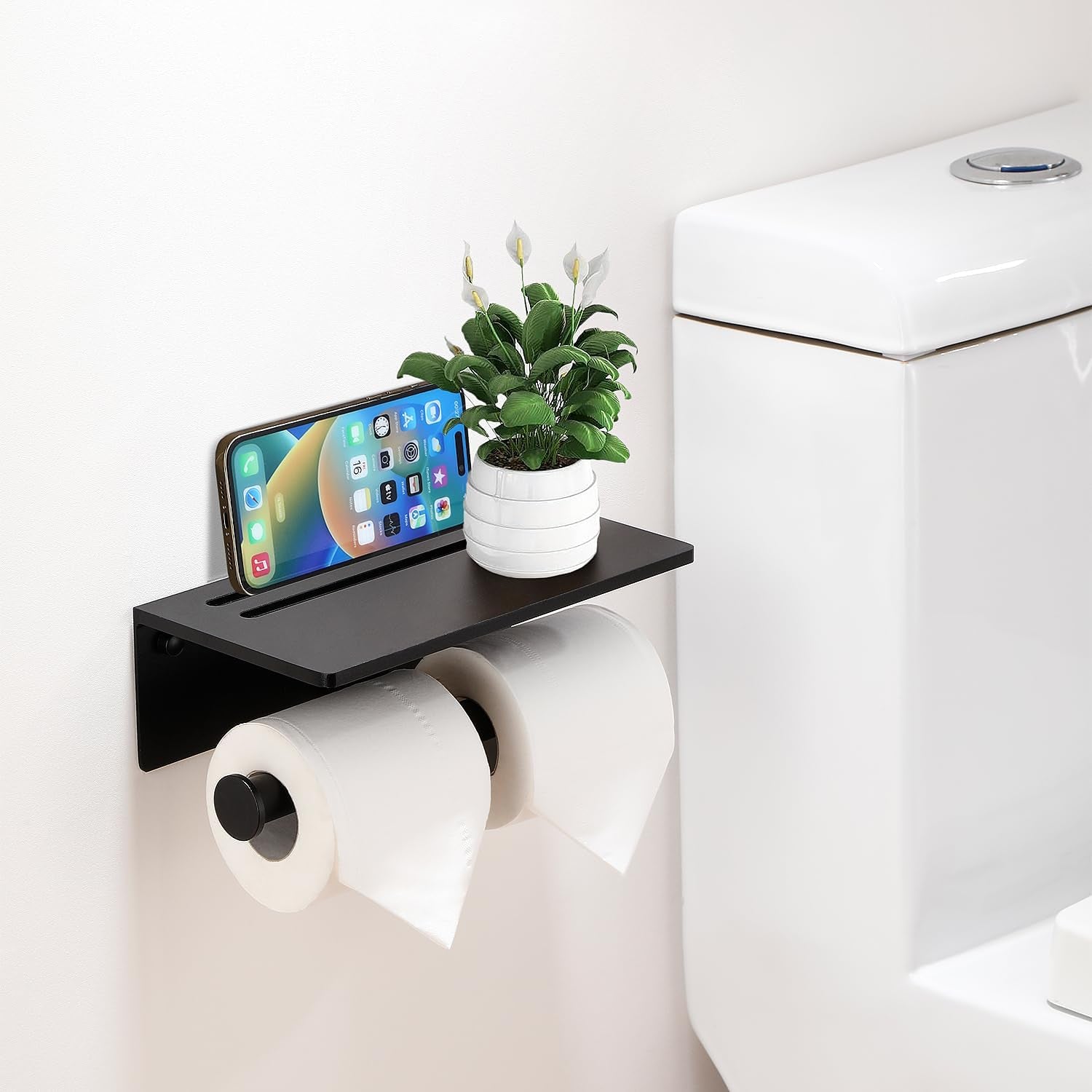 Aluminium Double Roll Toilet Paper Holder with Mobile Phone Shelf