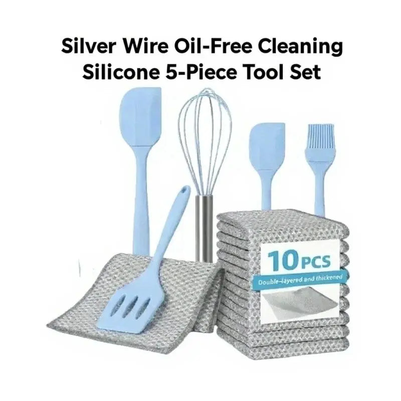Food-Grade Silicone Kitchen Bakeware Combo Set (5Pcs) - Spatula, Leak-Proof Scraper, Whisk, Brush, Heat-Resistant Stirring Utensils for 4-Hole Pans, Kitchen Supplies + Free 10-Piece Metal Wire Dish Cloths (Dish-Safe, Detailed Size Chart Included)