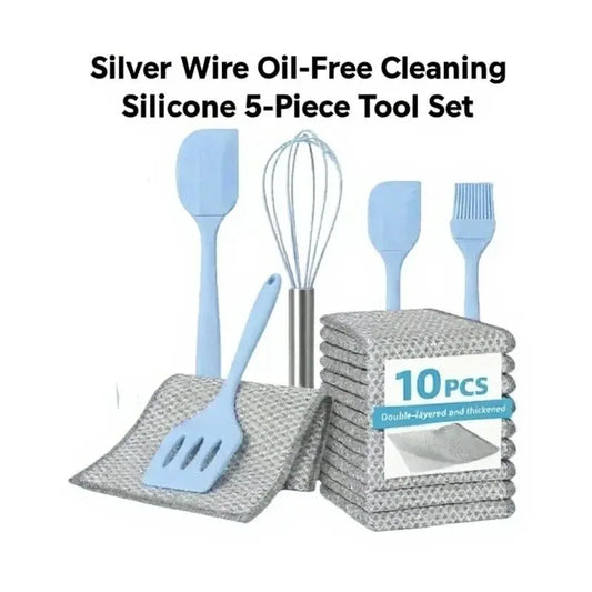 Food-Grade Silicone Kitchen Bakeware Combo Set (5Pcs) - Spatula, Leak-Proof Scraper, Whisk, Brush, Heat-Resistant Stirring Utensils for 4-Hole Pans, Kitchen Supplies + Free 10-Piece Metal Wire Dish Cloths (Dish-Safe, Detailed Size Chart Included)