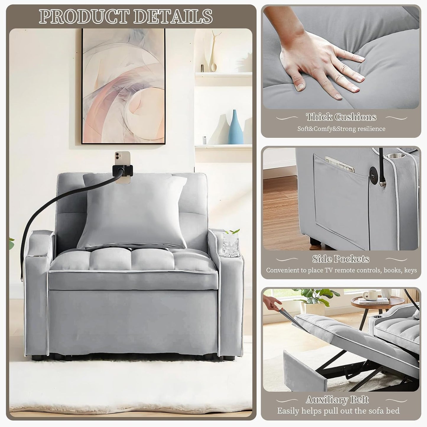 Convertible Velvet Futon Sleeper Chair Bed with Phone Holder and USB Ports, Adjustable Recliner Armchair for Living Room and Office, Ideal for Small Spaces (Grey)