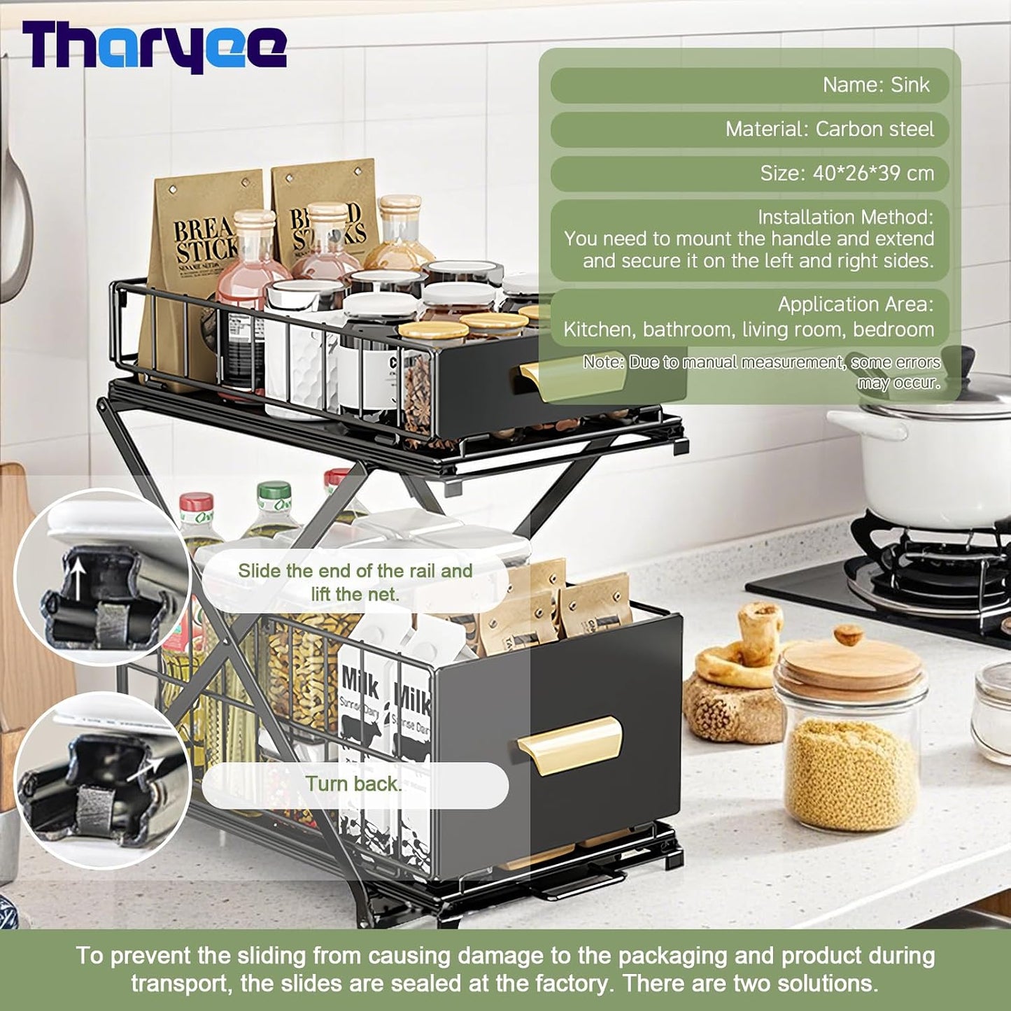 2 Tier Pull Out Cabinet Organizer, under Sink Organizer, Black