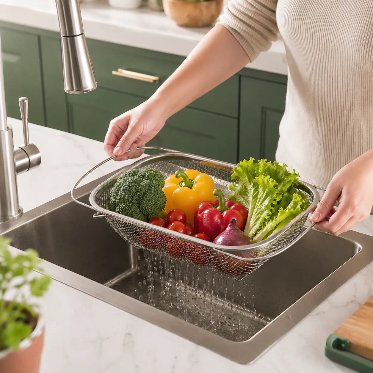 Stainless Steel Expandable Over-The-Sink Colander Strainer Basket with Handles - Rectangular Fine Mesh Kitchen Utensil, Essential Kitchen Supply