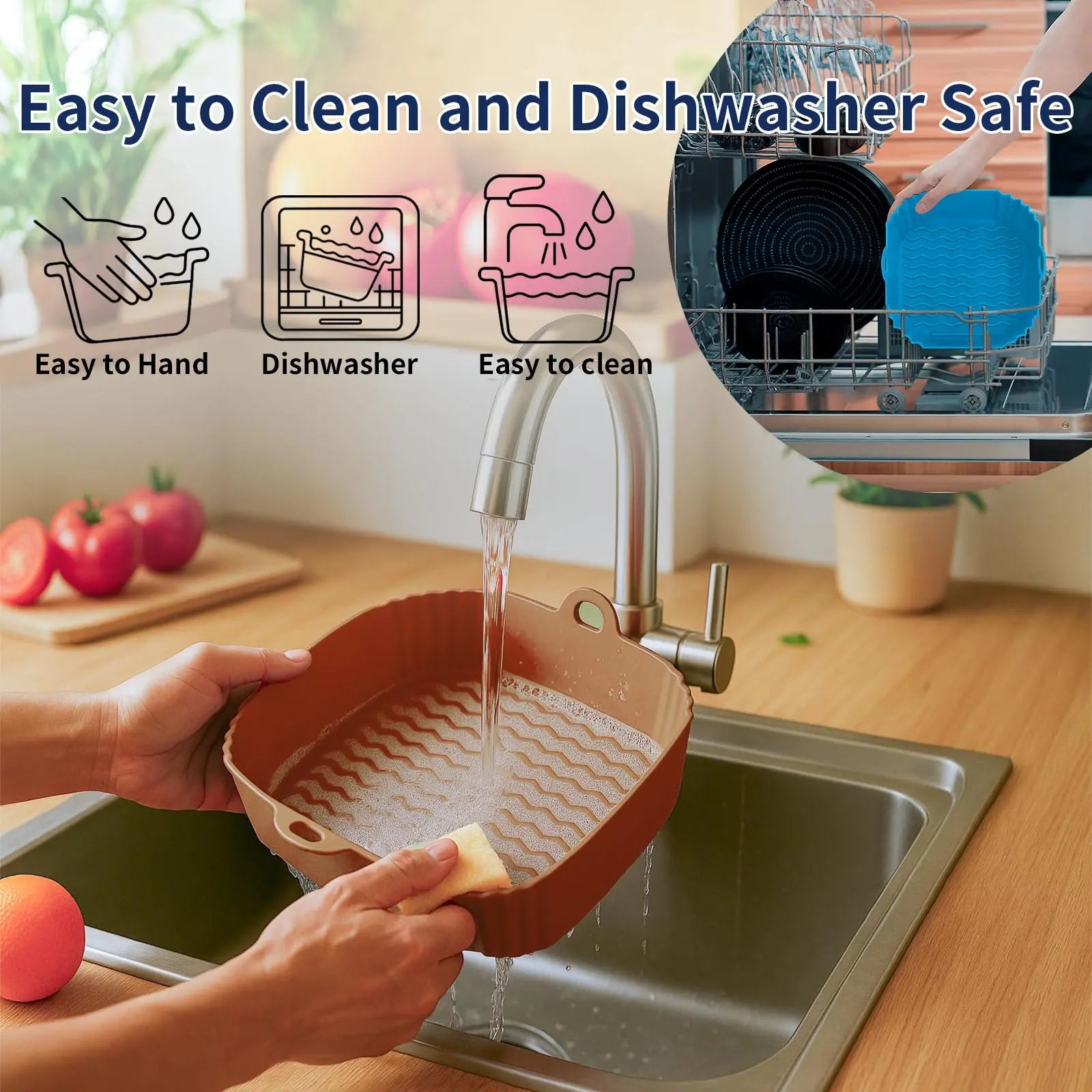 8”Square Silicone Unbleached Heavy Duty Air Fryer Liners Reusable Air Fryer Pot Non-Stick & Non-Leak Liners for 4 to 7 QT Airfryer Basket, Deep Fryer Parts & Accessories Sohochic