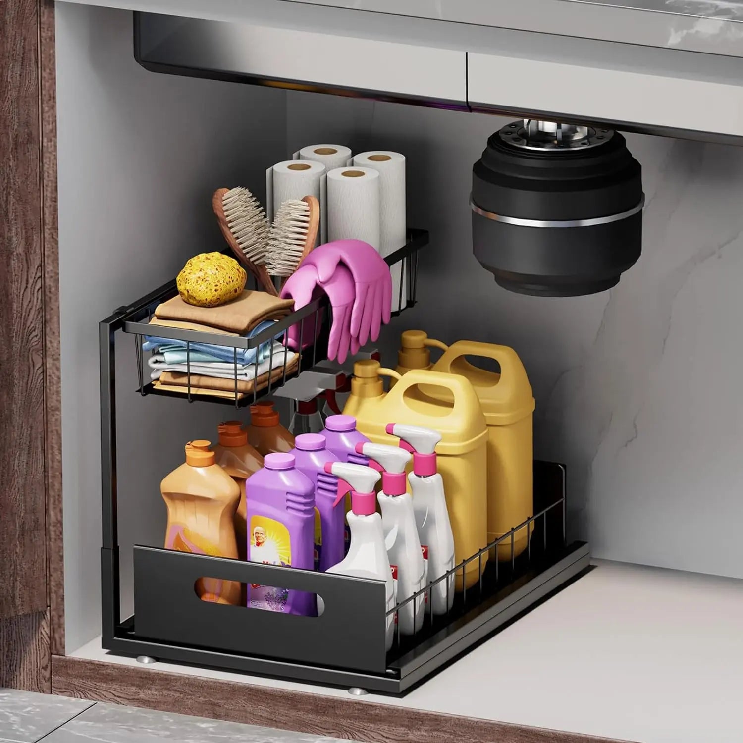 L-Shaped Pull-Out Under Sink Organizer - 2-Tier Sturdy Metal Storage Solution for Kitchen and Bathroom, Rustproof and Easy to Install, Ideal for Spices and Snacks, Black