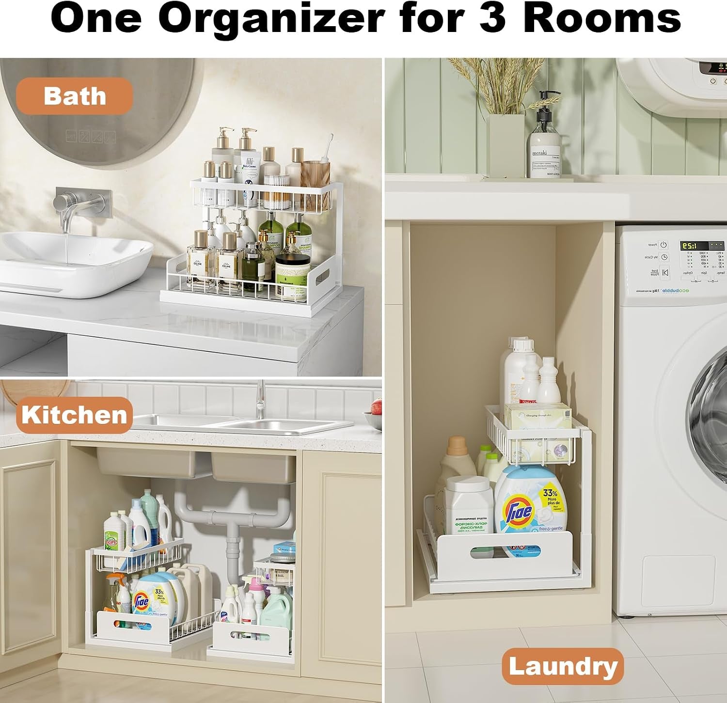 under Sink Organizer, L-Shaped 2 Tier Pull Out Cabinet Organizer