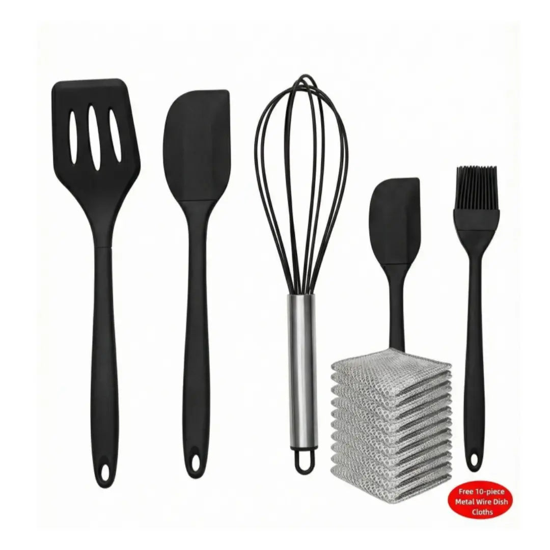 Food-Grade Silicone Kitchen Bakeware Combo Set (5Pcs) - Spatula, Leak-Proof Scraper, Whisk, Brush, Heat-Resistant Stirring Utensils for 4-Hole Pans, Kitchen Supplies + Free 10-Piece Metal Wire Dish Cloths (Dish-Safe, Detailed Size Chart Included)