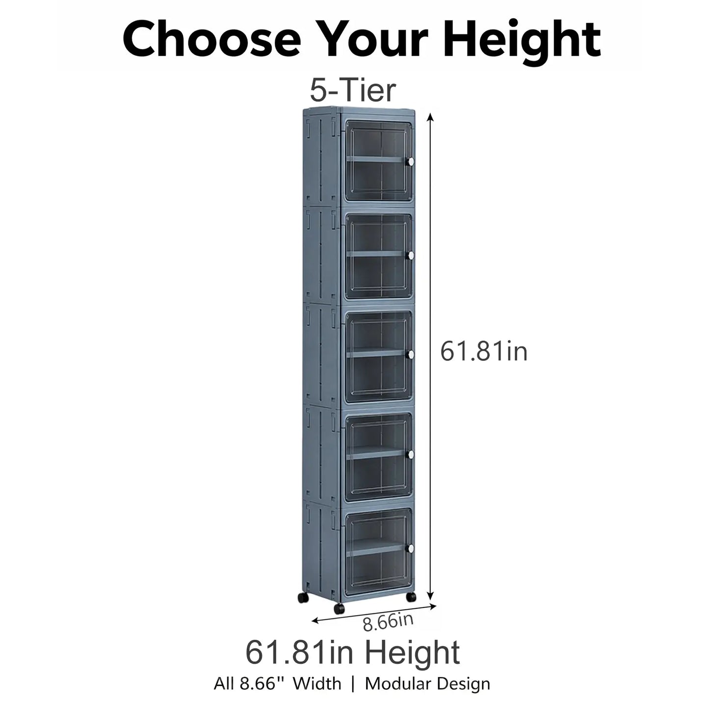 White Freestanding PP Plastic Pantry Storage Cabinet - 5-Tier Slim Narrow Unit with 360° Swivel Casters, Adjustable Shelves, Flat Fold, Lockable Modern Design, Furniture Storage for Kitchen Organizing, Bathroom