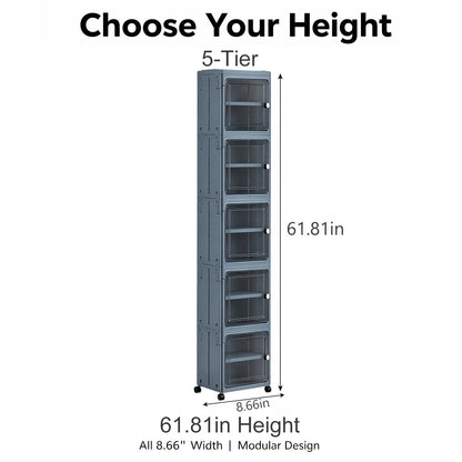 White Freestanding PP Plastic Pantry Storage Cabinet - 5-Tier Slim Narrow Unit with 360° Swivel Casters, Adjustable Shelves, Flat Fold, Lockable Modern Design, Furniture Storage for Kitchen Organizing, Bathroom