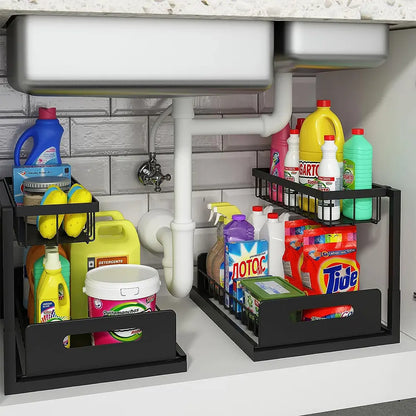 L-Shaped Pull-Out Under Sink Organizer - 2-Tier Sturdy Metal Storage Solution for Kitchen and Bathroom, Rustproof and Easy to Install, Ideal for Spices and Snacks, Black