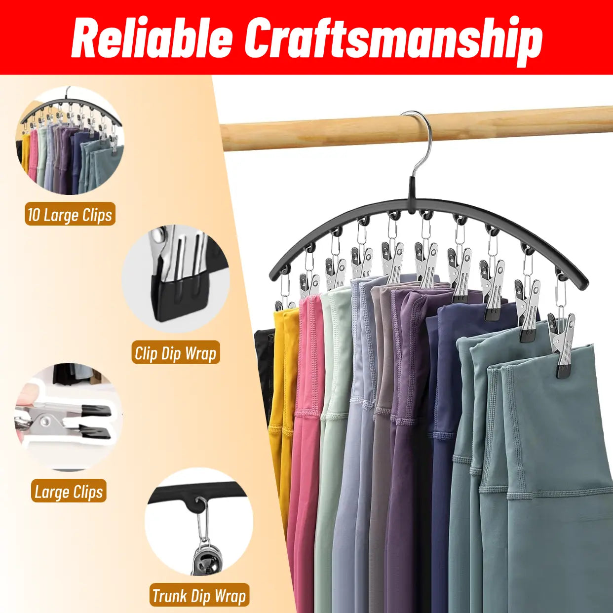 Curved Shape Hanger,10/Pcs Metal Yoga Pants Hanger, Home Organizer for Closet, Pants Hanger with 10Clothespins, Space Saving Hanging Hanger