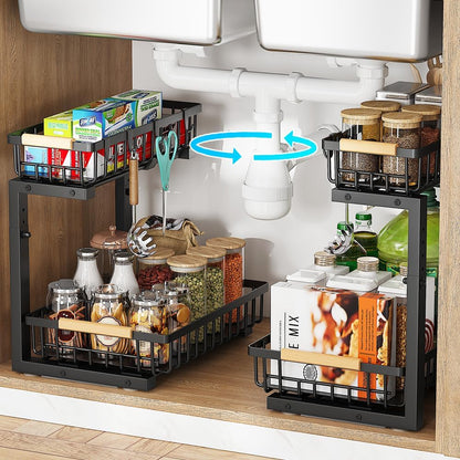 2-Tier Adjustable Metal Under Sink Organizer - Set of 2 Pull-Out Cabinet Shelves for Kitchen, Bathroom, and Pantry Storage