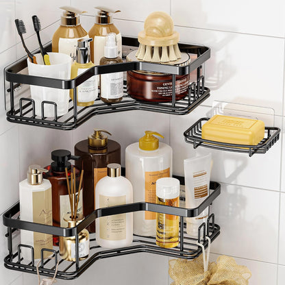 Corner Shower Caddy Set - 3 Pack, Stainless Steel Organizer with Soap Holder, Large Capacity, Easy Installation, No Drilling, Supports 40 lbs, Ideal for Family and Renters, Black