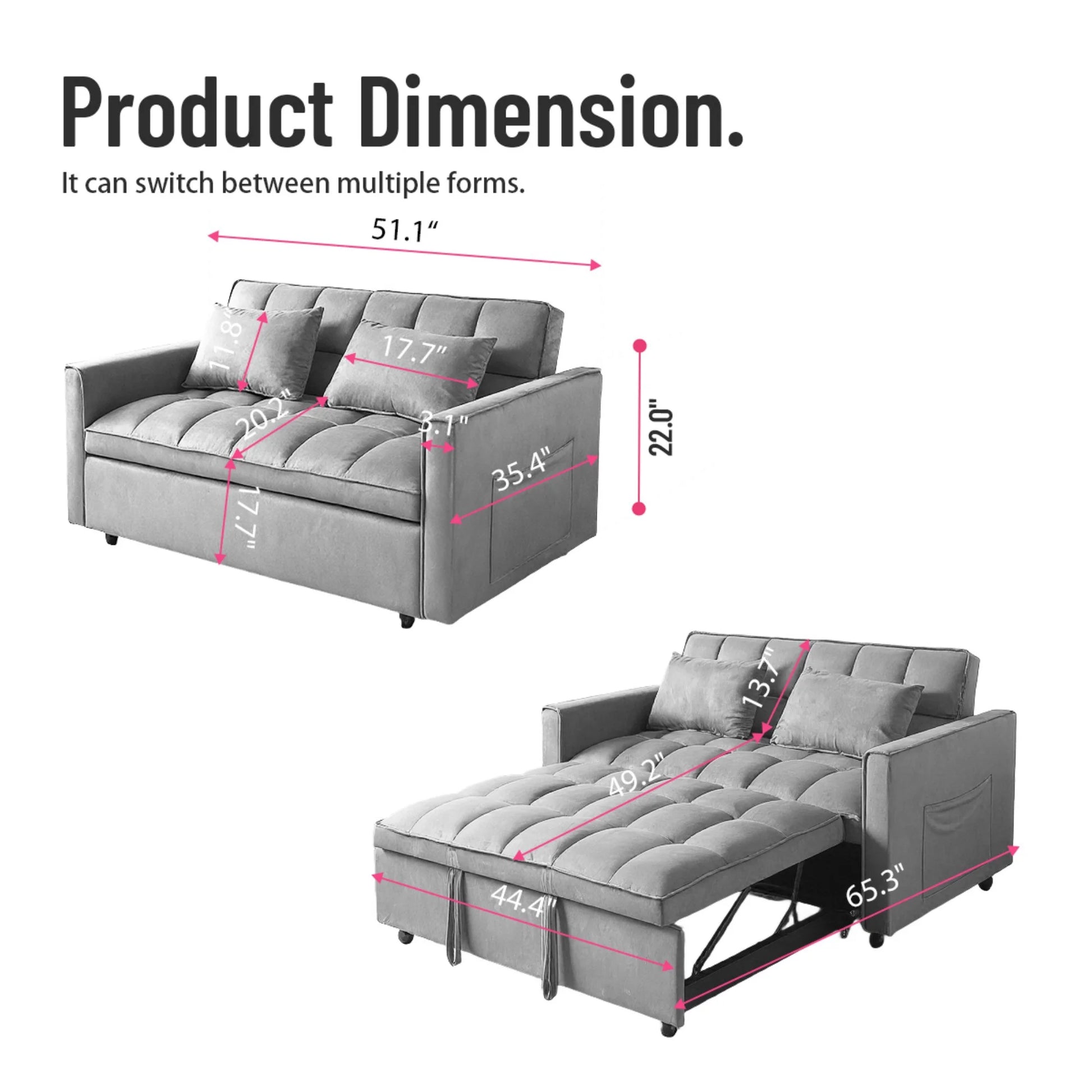 51.1-Inch Velvet Convertible Sofa Bed with Adjustable Backrest - Light Grey Loveseat for Living Room or Office