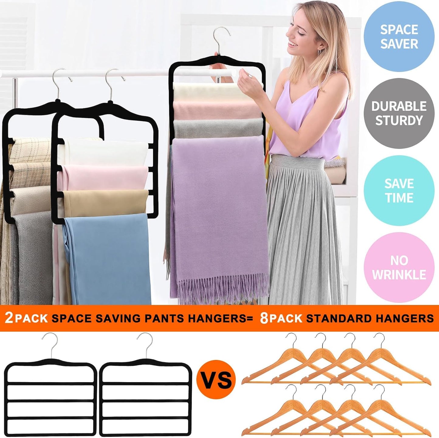 2-Pack Velvet Pants Hangers - Space Saving Multi-Layer Non-Slip Closet Organizers for Jeans, Trousers & Scarves - Ideal Dorm Room Storage Solution for Small Spaces