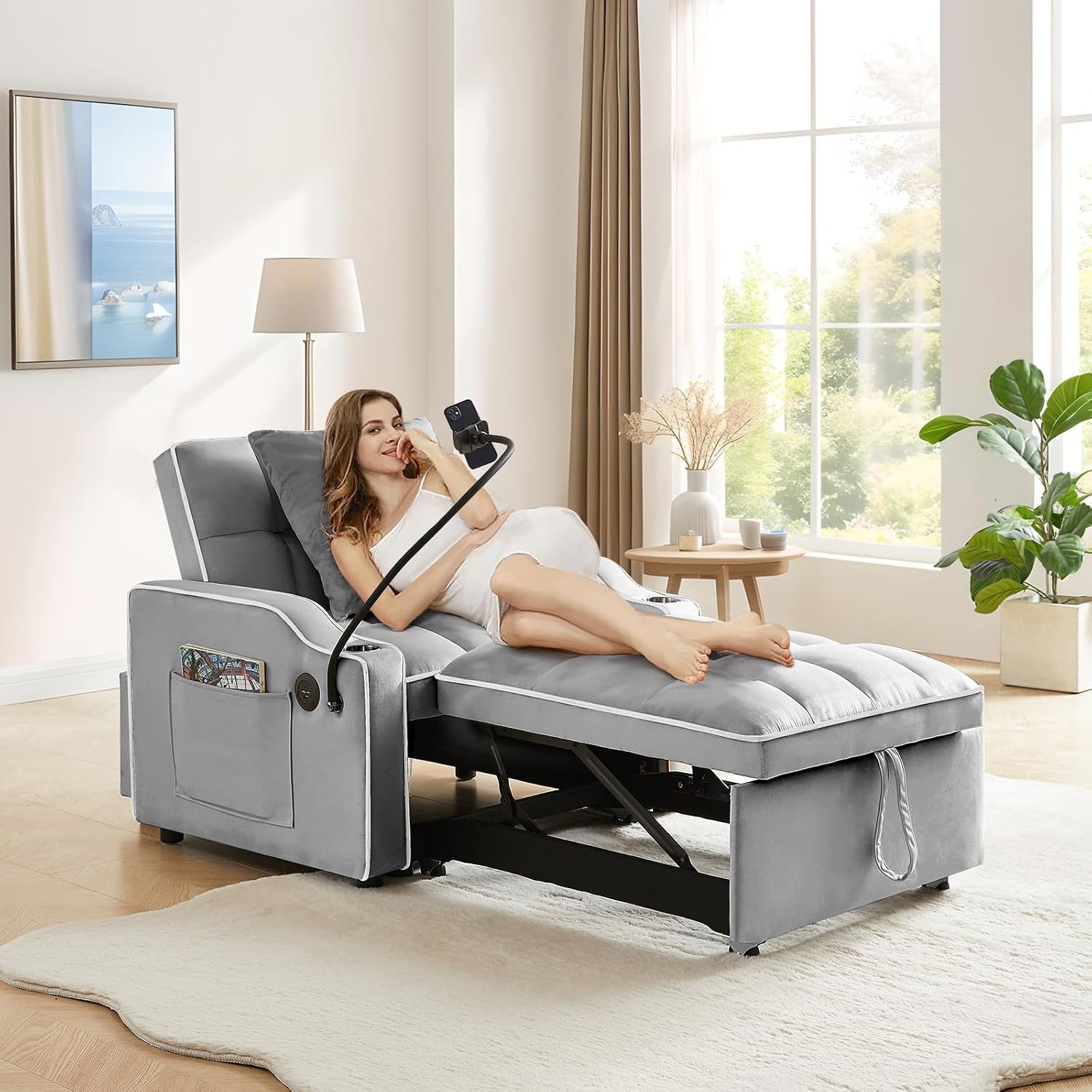 Convertible Velvet Futon Sleeper Chair Bed with Phone Holder and USB Ports, Adjustable Recliner Armchair for Living Room and Office, Ideal for Small Spaces (Grey)