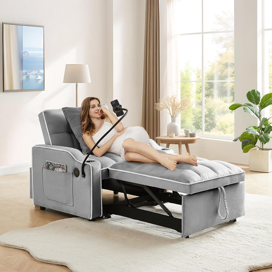 Convertible Velvet Futon Sleeper Chair Bed with Phone Holder and USB Ports, Adjustable Recliner Armchair for Living Room and Office, Ideal for Small Spaces (Grey)