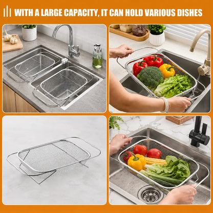 Stainless Steel Expandable Over-The-Sink Colander Strainer Basket with Handles - Rectangular Fine Mesh Kitchen Utensil, Essential Kitchen Supply