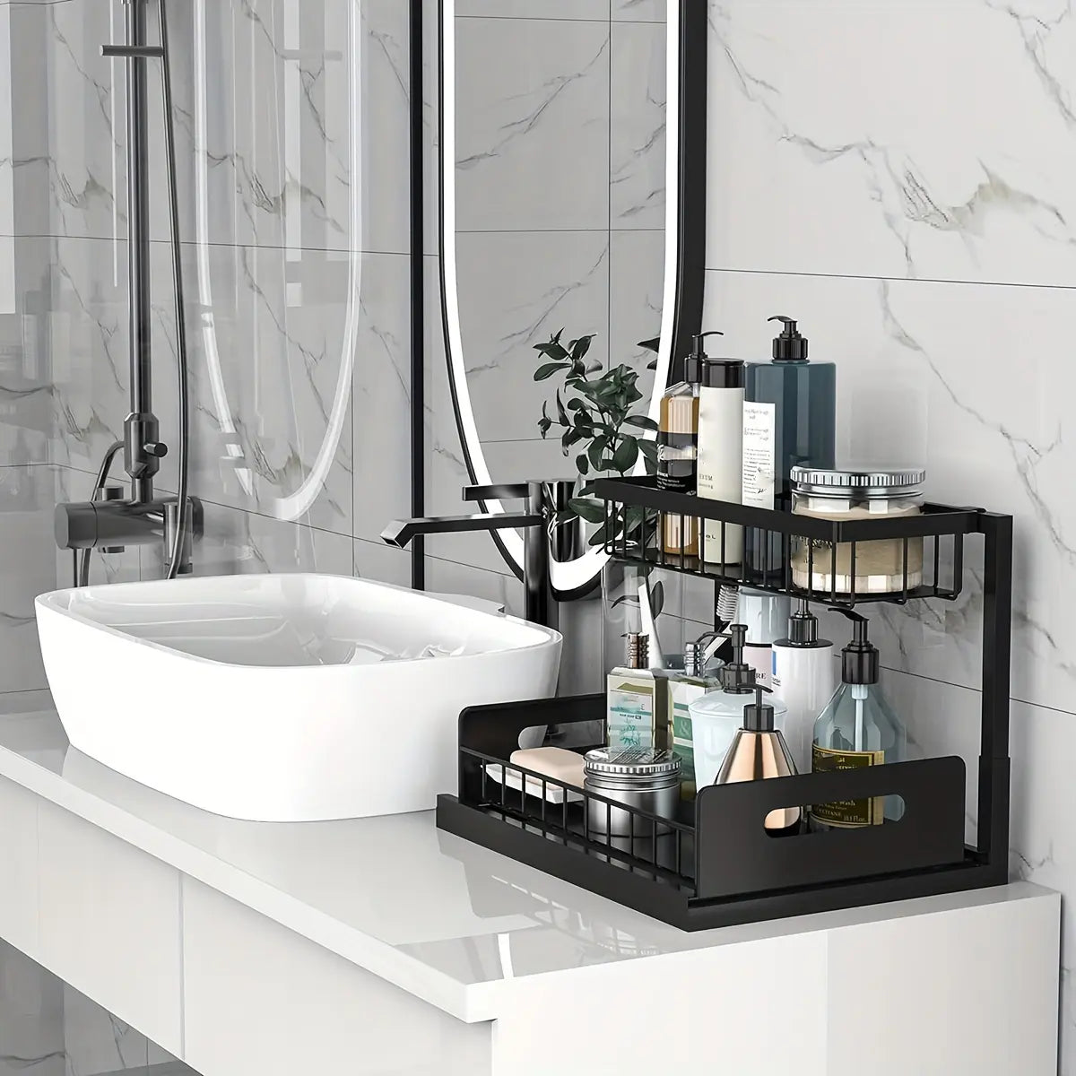 L-Shaped Pull-Out Under Sink Organizer - 2-Tier Sturdy Metal Storage Solution for Kitchen and Bathroom, Rustproof and Easy to Install, Ideal for Spices and Snacks, Black