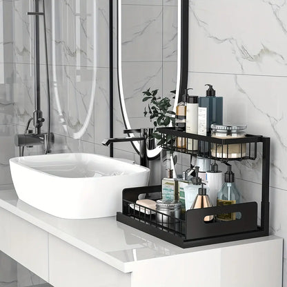 L-Shaped Pull-Out Under Sink Organizer - 2-Tier Sturdy Metal Storage Solution for Kitchen and Bathroom, Rustproof and Easy to Install, Ideal for Spices and Snacks, Black