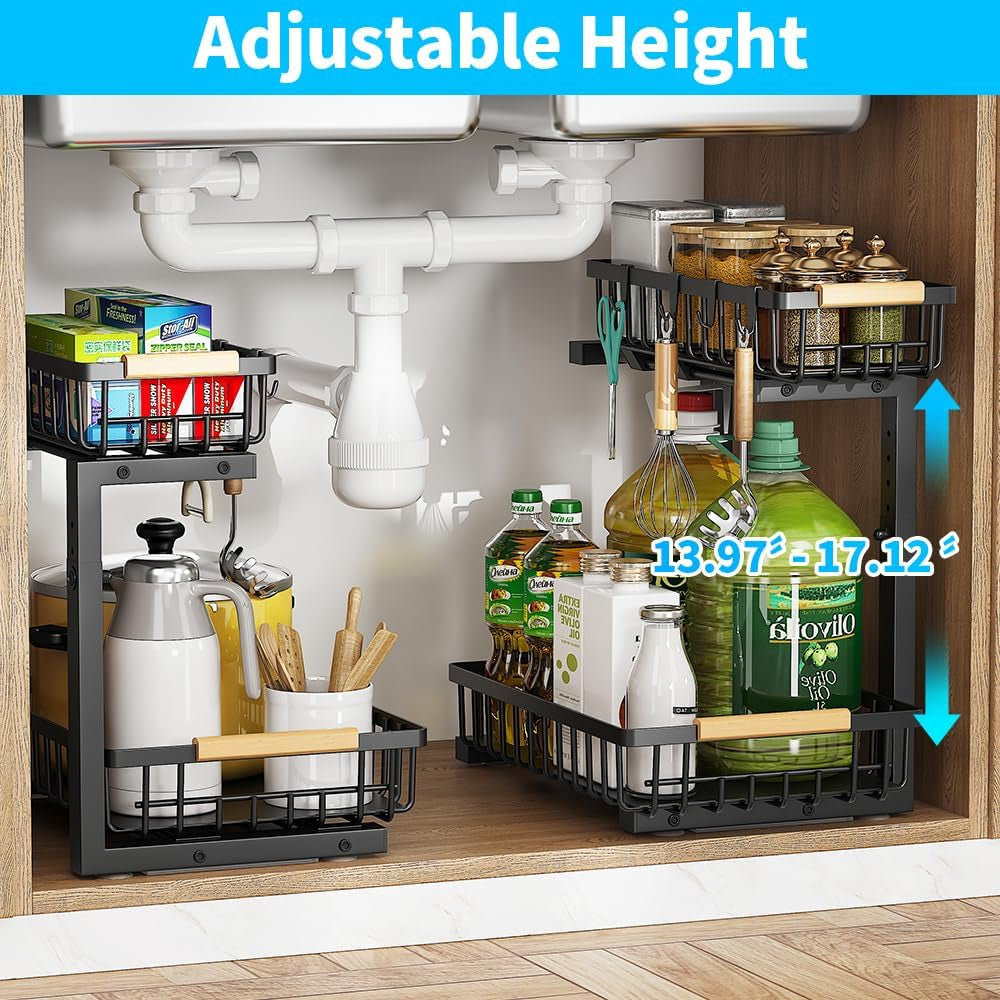 2-Tier Adjustable Metal Under Sink Organizer - Set of 2 Pull-Out Cabinet Shelves for Kitchen, Bathroom, and Pantry Storage