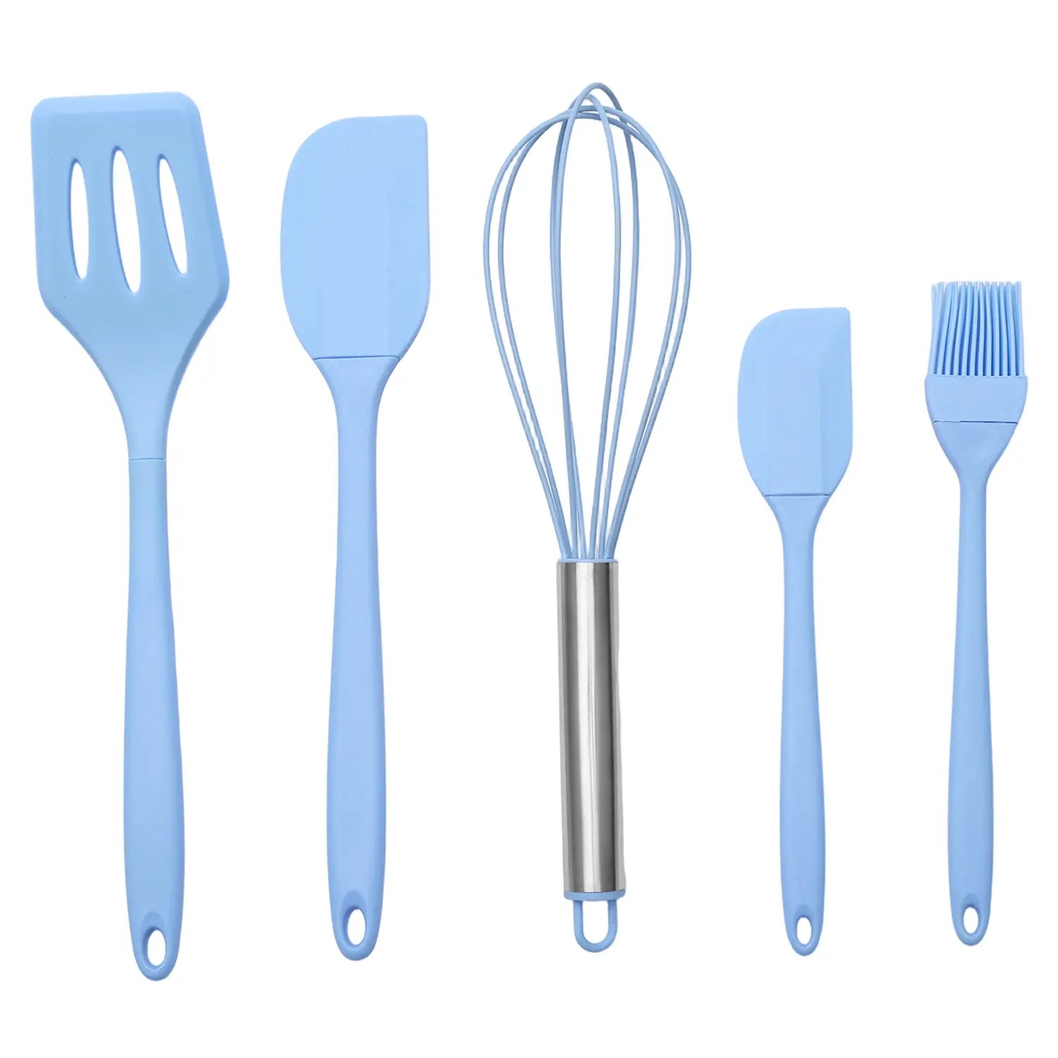 Food-Grade Silicone Kitchen Bakeware Combo Set (5Pcs) - Spatula, Leak-Proof Scraper, Whisk, Brush, Heat-Resistant Stirring Utensils for 4-Hole Pans, Kitchen Supplies + Free 10-Piece Metal Wire Dish Cloths (Dish-Safe, Detailed Size Chart Included)