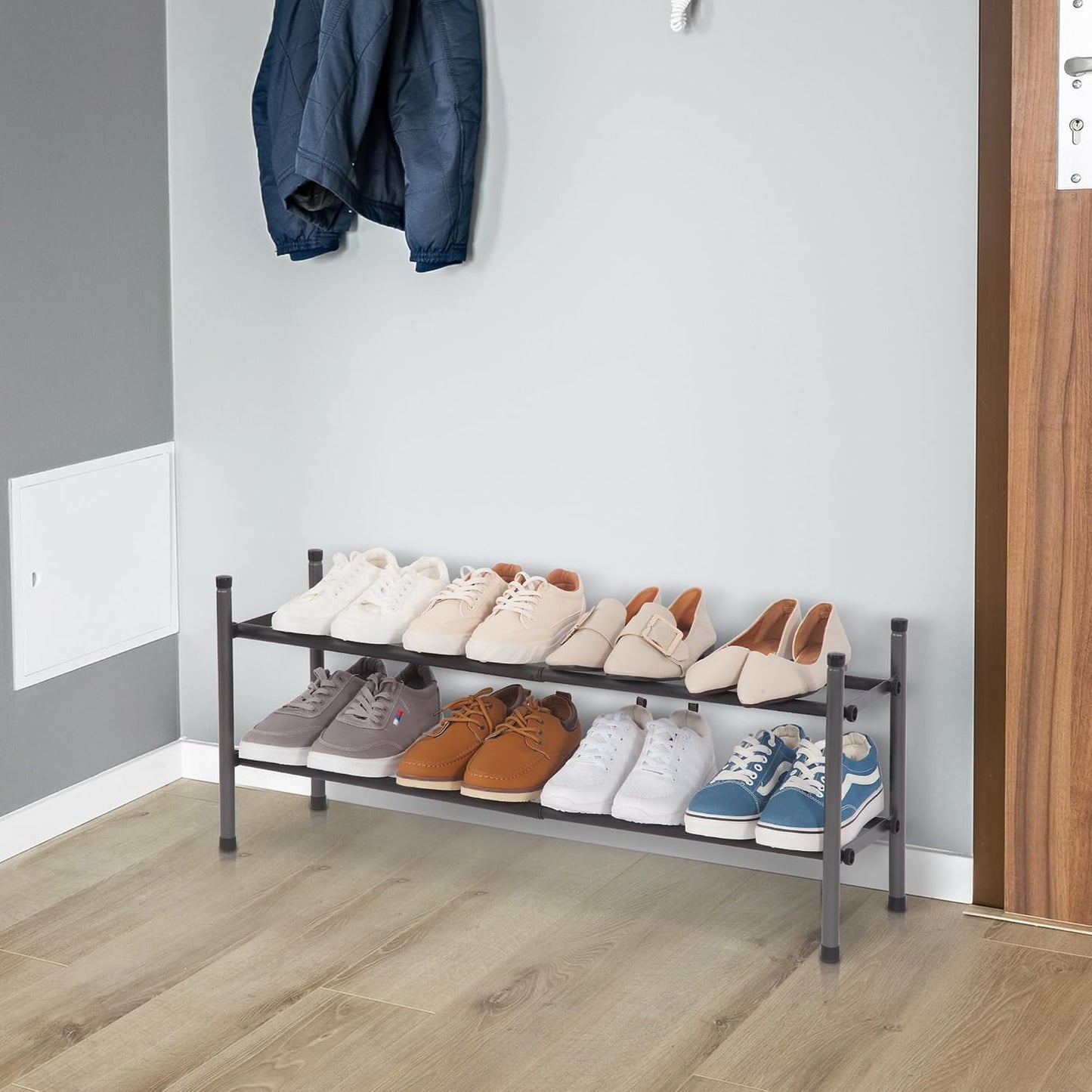 Expandable 2-Tier Shoe Rack, Adjustable Metal Organizer for 8 Pairs of Shoes, Stackable Design for Entryway, Hallway, and Garage, Black