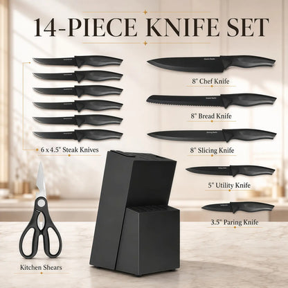 14-Piece Self-Sharpening Stainless Steel Knife Set with Storage Block and Ergonomic Anti-Slip Handles, Dishwasher Safe for Home Kitchen Use