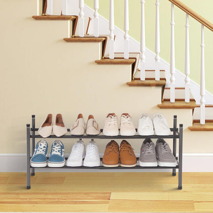 Expandable 2-Tier Shoe Rack, Adjustable Metal Organizer for 8 Pairs of Shoes, Stackable Design for Entryway, Hallway, and Garage, Black