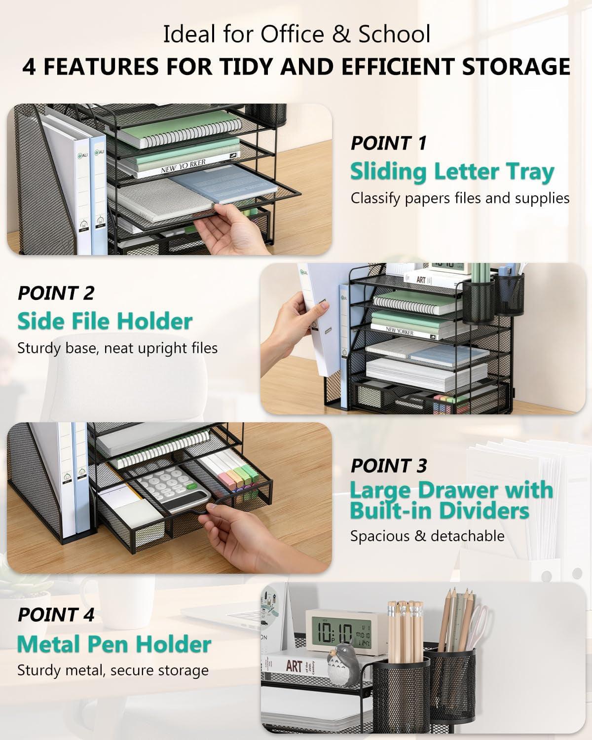 6-Tier Desktop File Organizer with Drawer and Dual Pen Holders - Professional Office and Home Workspace Accessory, Black