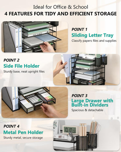 6-Tier Desktop File Organizer with Drawer and Dual Pen Holders - Professional Office and Home Workspace Accessory, Black