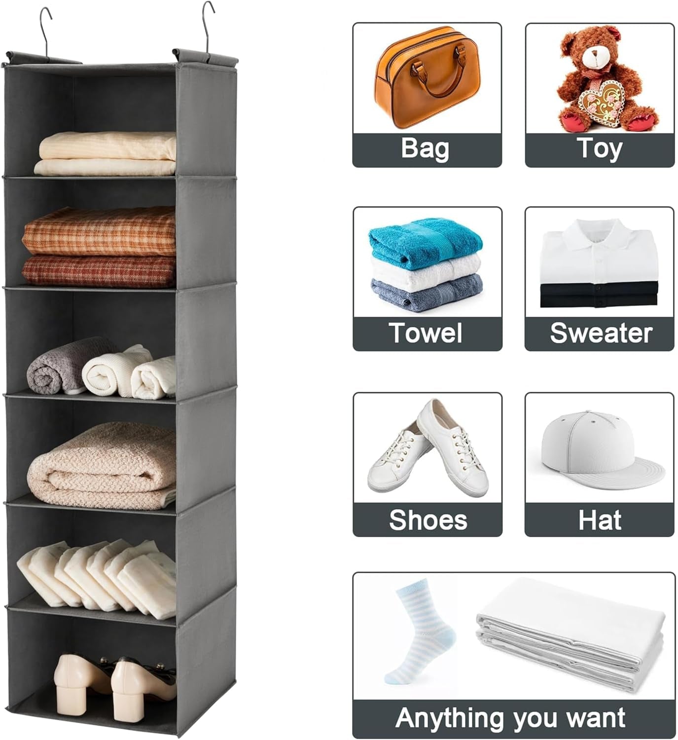 6-Tier Hanging Closet Organizer with Two Durable Hooks, Grey