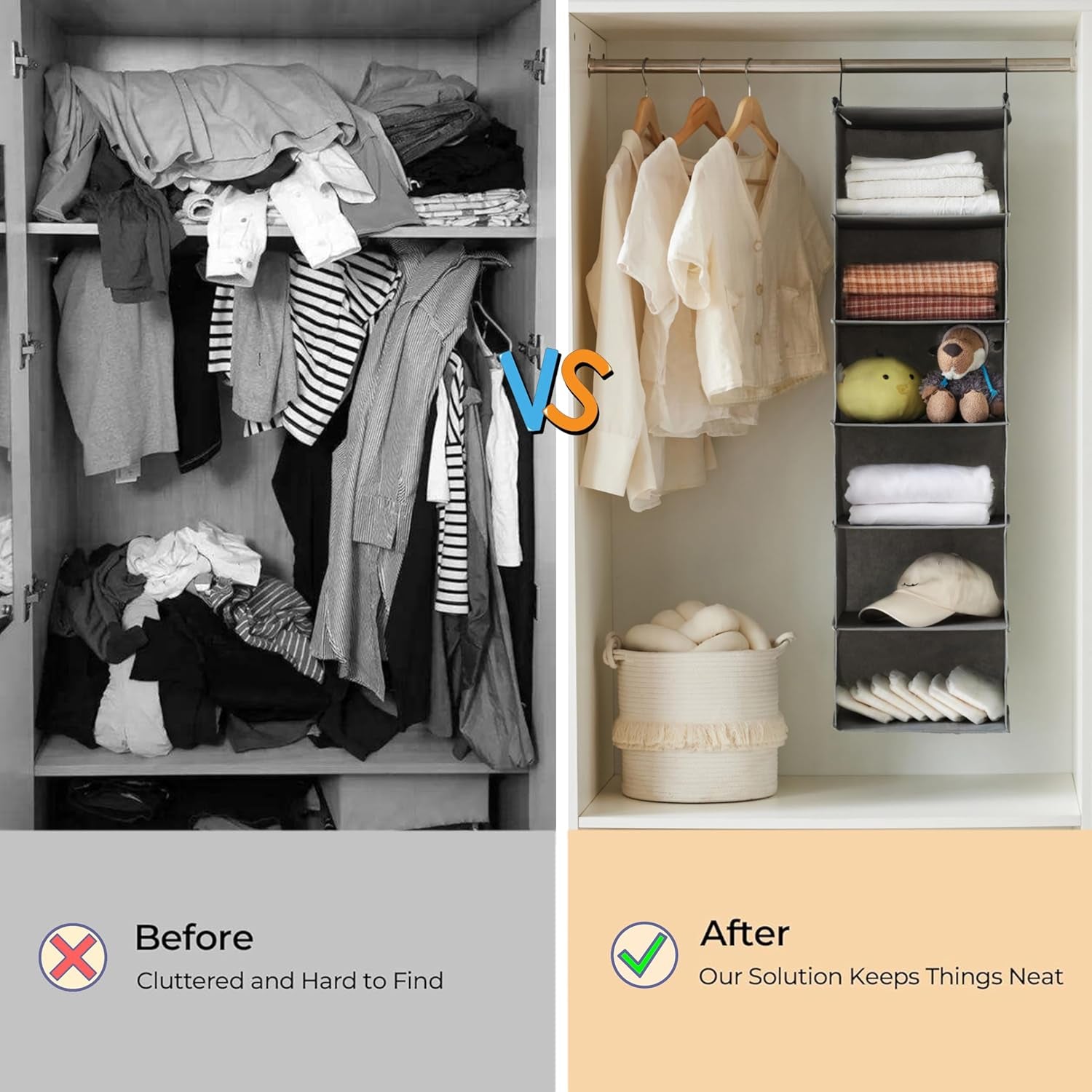 6-Tier Hanging Closet Organizer with Two Durable Hooks, Grey