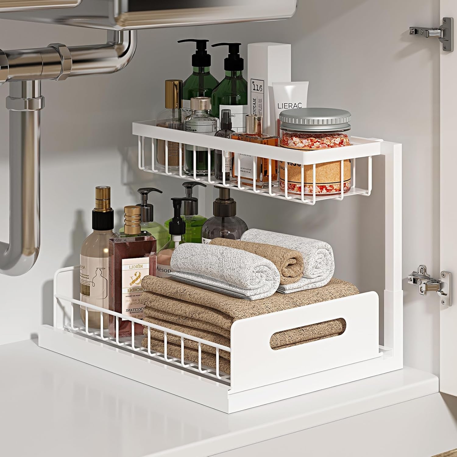 under Sink Organizer, L-Shaped 2 Tier Pull Out Cabinet Organizer