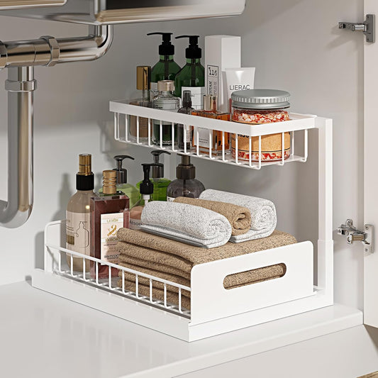 under Sink Organizer, L-Shaped 2 Tier Pull Out Cabinet Organizer