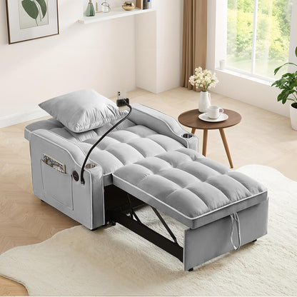 Convertible Velvet Futon Sleeper Chair Bed with Phone Holder and USB Ports, Adjustable Recliner Armchair for Living Room and Office, Ideal for Small Spaces (Grey)
