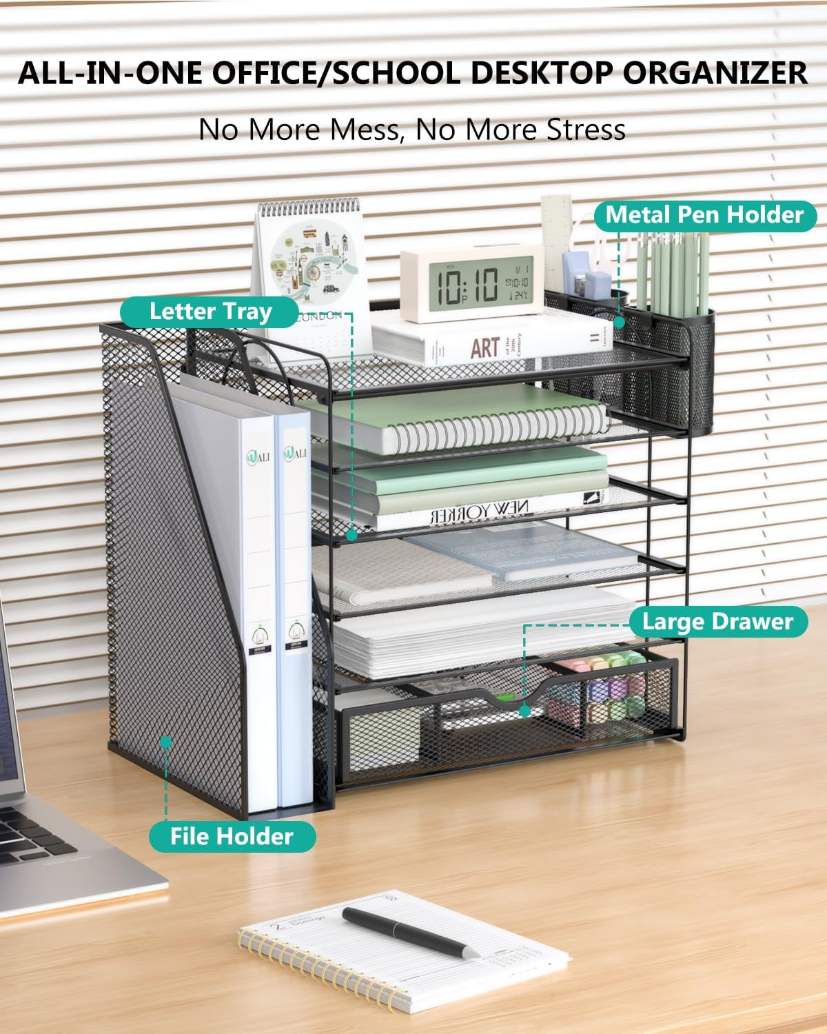 6-Tier Desktop File Organizer with Drawer and Dual Pen Holders - Professional Office and Home Workspace Accessory, Black