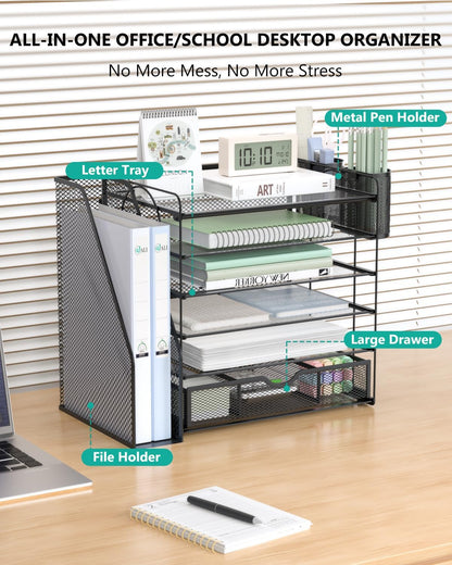 6-Tier Desktop File Organizer with Drawer and Dual Pen Holders - Professional Office and Home Workspace Accessory, Black