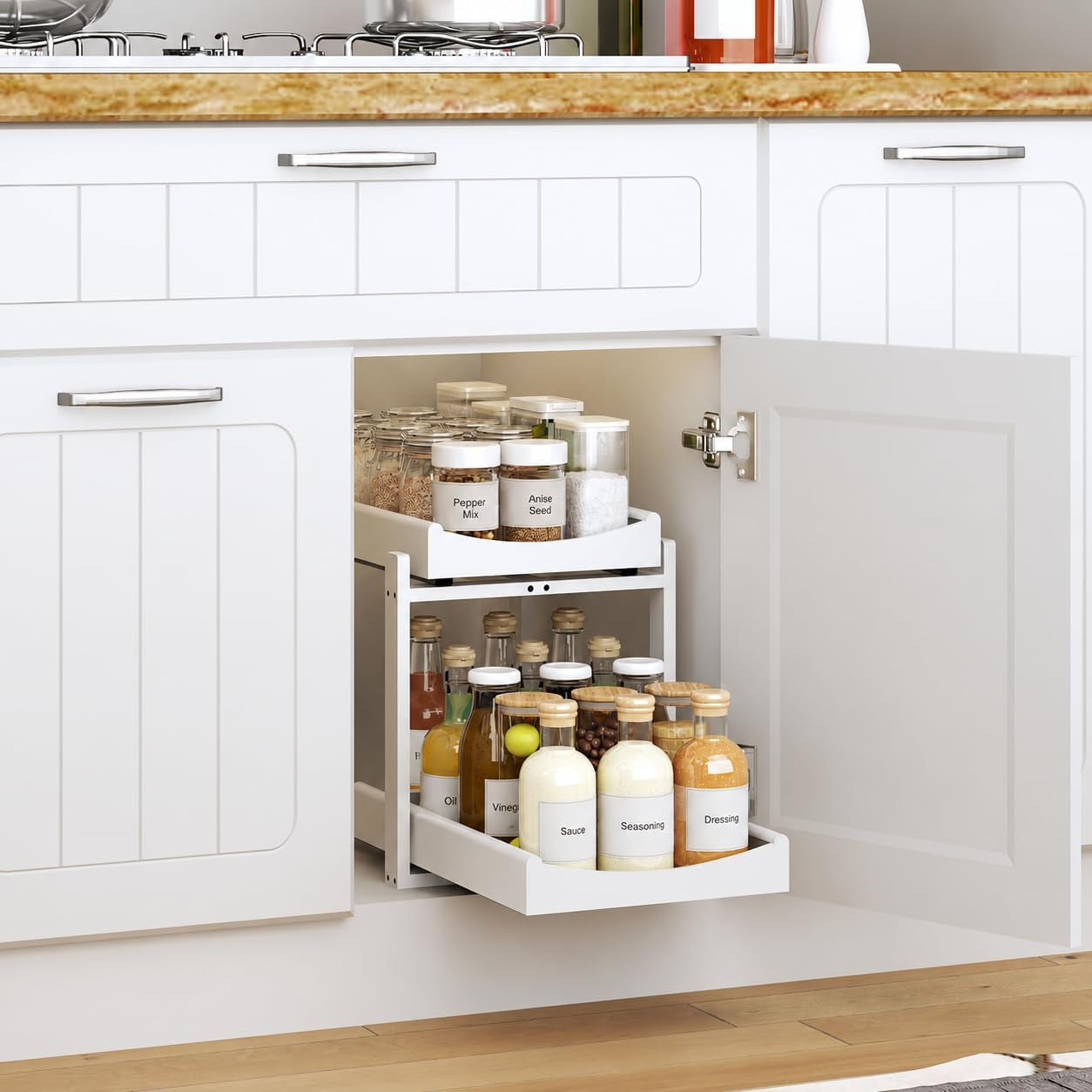 Bamboo under Sink Organizer, 2 Pack Pull Out Cabinet Organizer