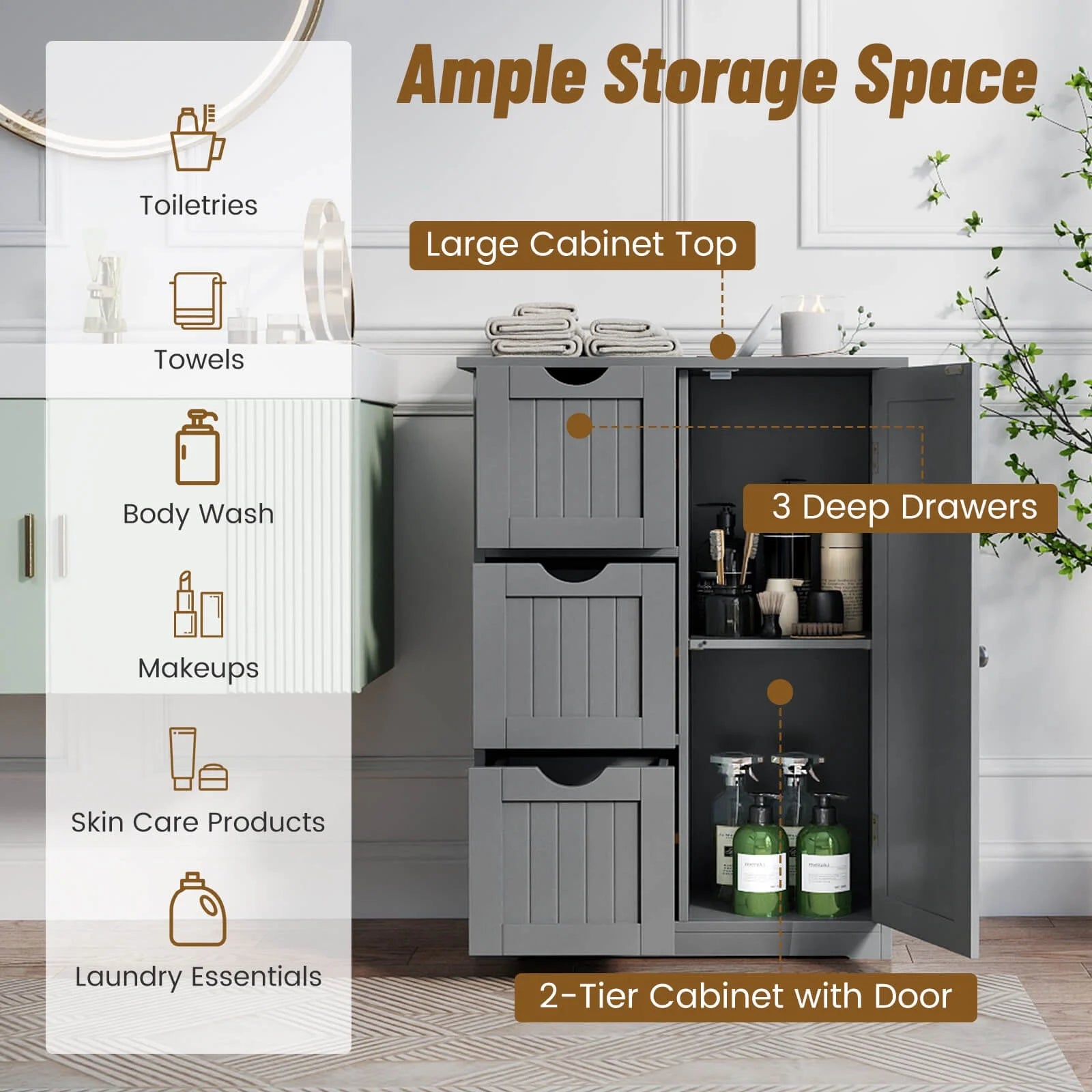 Grey Bathroom Floor Cabinet with Three Drawers and One Cupboard for Side Storage