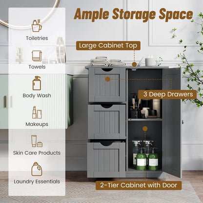 Grey Bathroom Floor Cabinet with Three Drawers and One Cupboard for Side Storage